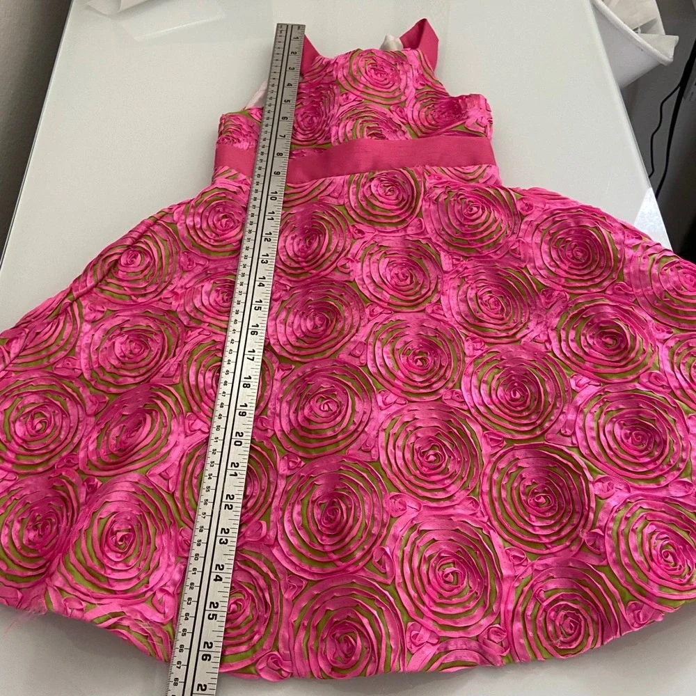 Rare Too Kids Size 5 Pink Lime Green Rosette Party Dress Easter 3D Floral Sash‎